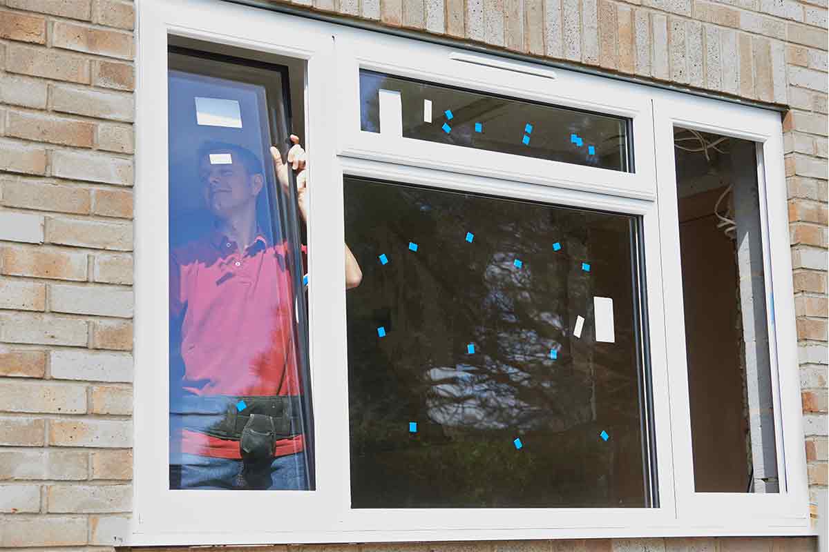 construction worker installing new windows in a brick house