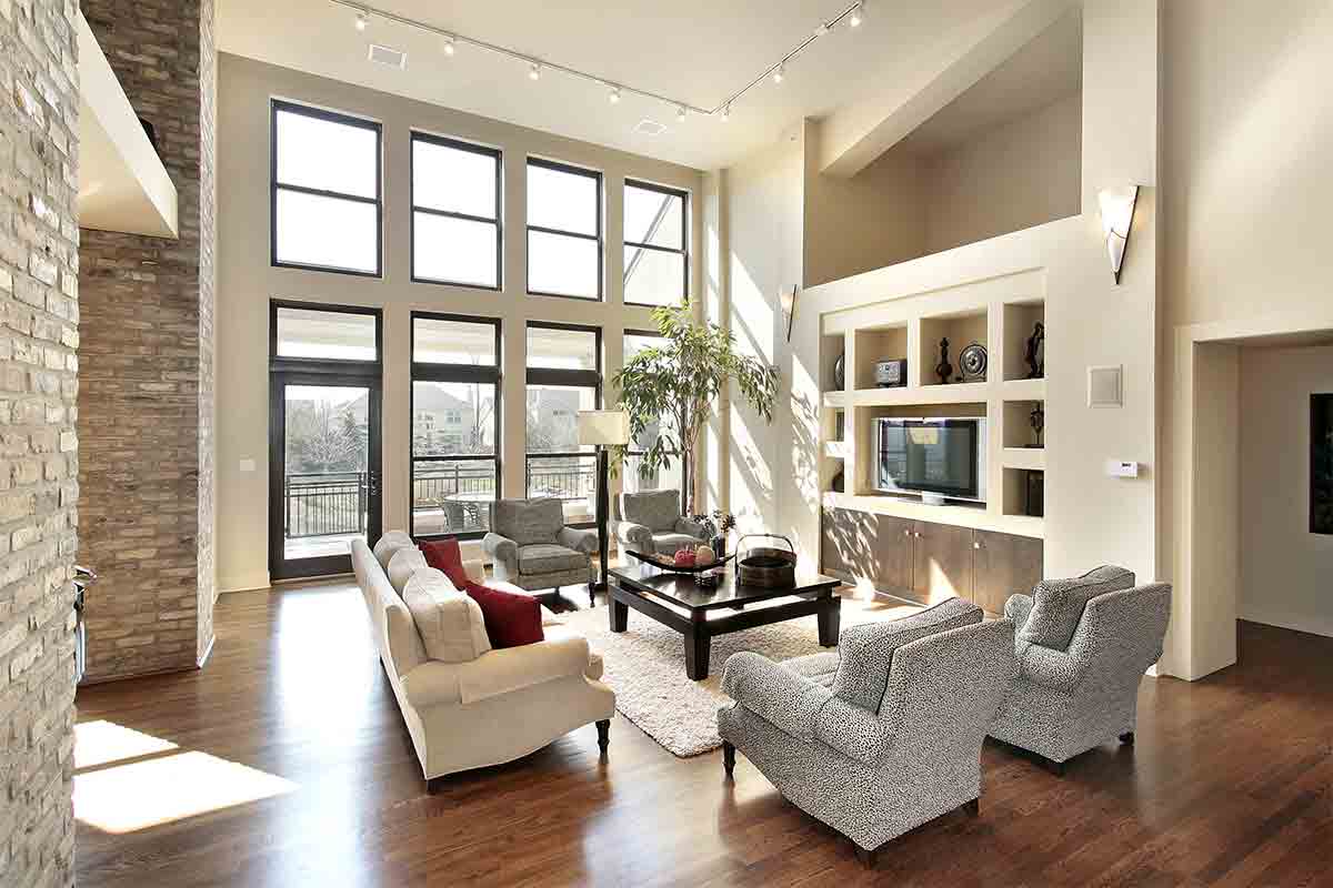 open living room with floor-to-ceiling windows