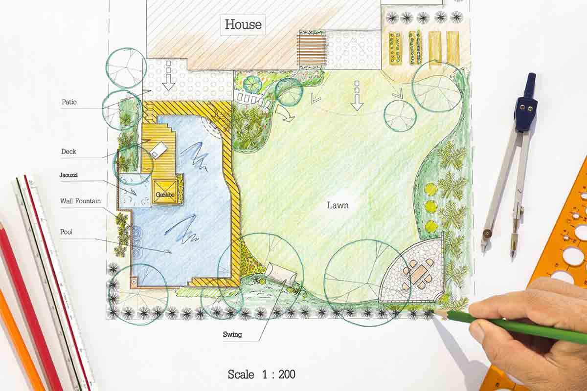 landscape plan drawing with hardscape and softscape elements