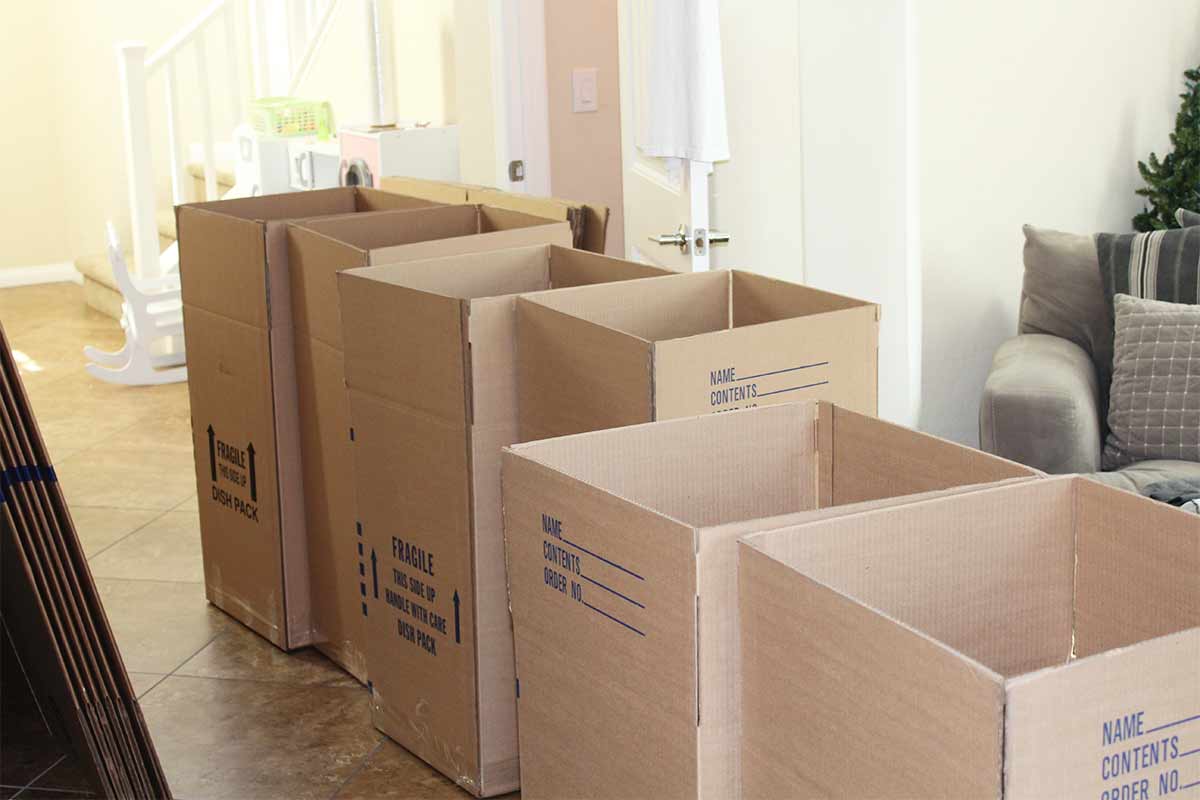 moving boxes stacked in hallway