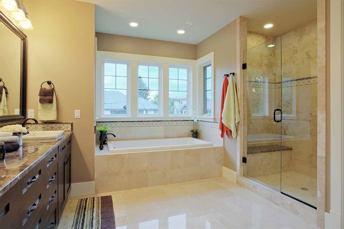 luxury bathroom with white marble floor