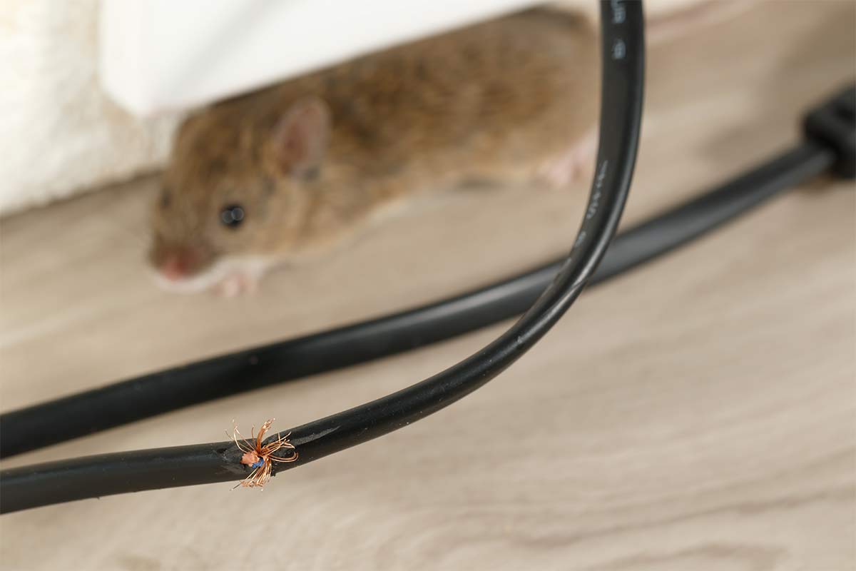 close-up of chewed electrical chord with mouse in the background