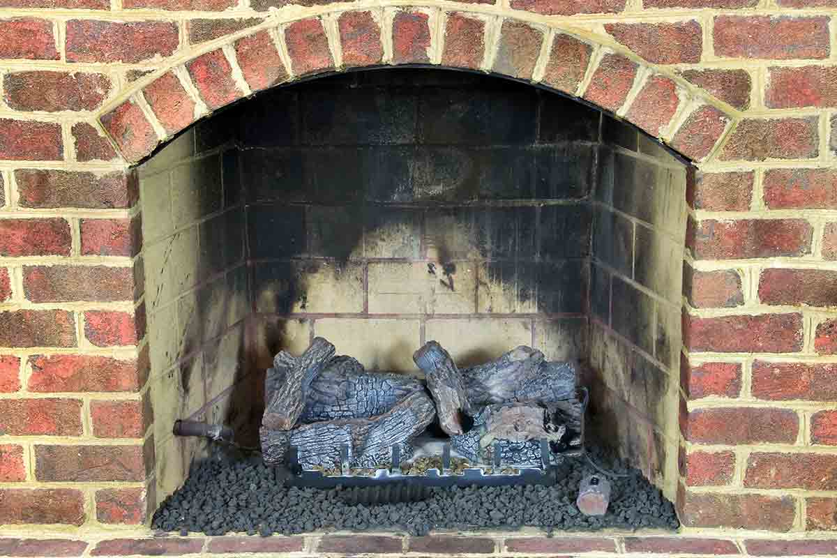 close-up of red brick fireplace