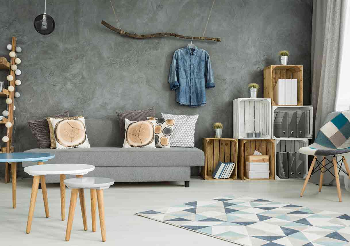 grey living room in new style with DIY furniture