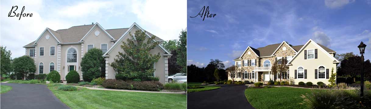 before and after new second floor balcony and stucco