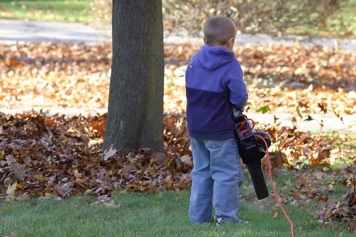 young boy using a leaf blower