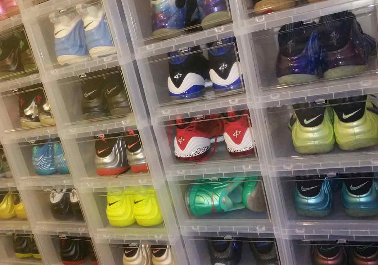 shoes stored in clear plastic bin