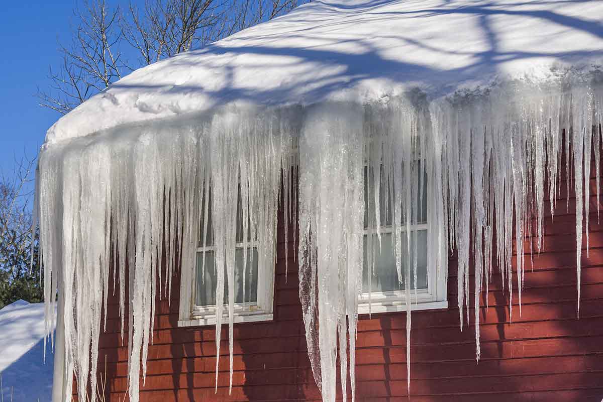 ice dam buildup on gutters in movie