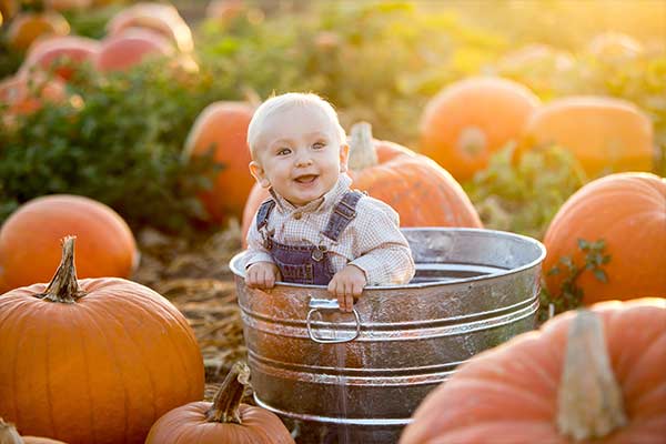 pumpkins surrounding boy in a tub