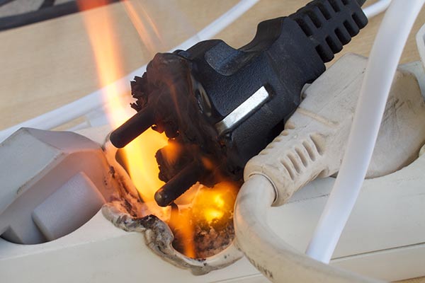 An electrical fire erupts from within a power strip