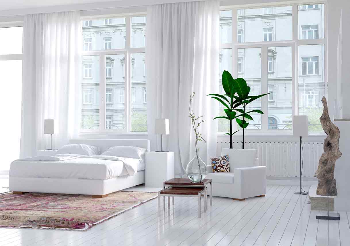 all white bedroom with large windows, a colorful rug, and decorative southwestern plants