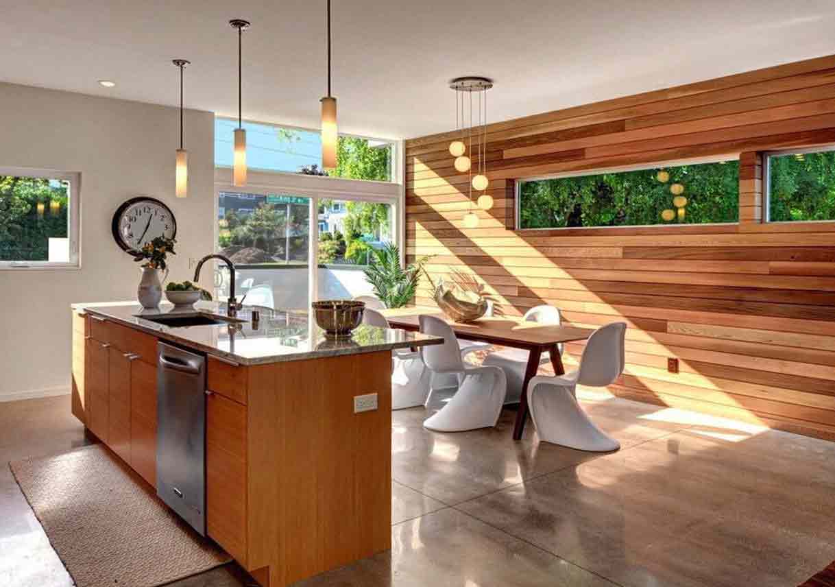 large kitchen area with accent wall made of reclaimed wooden slats