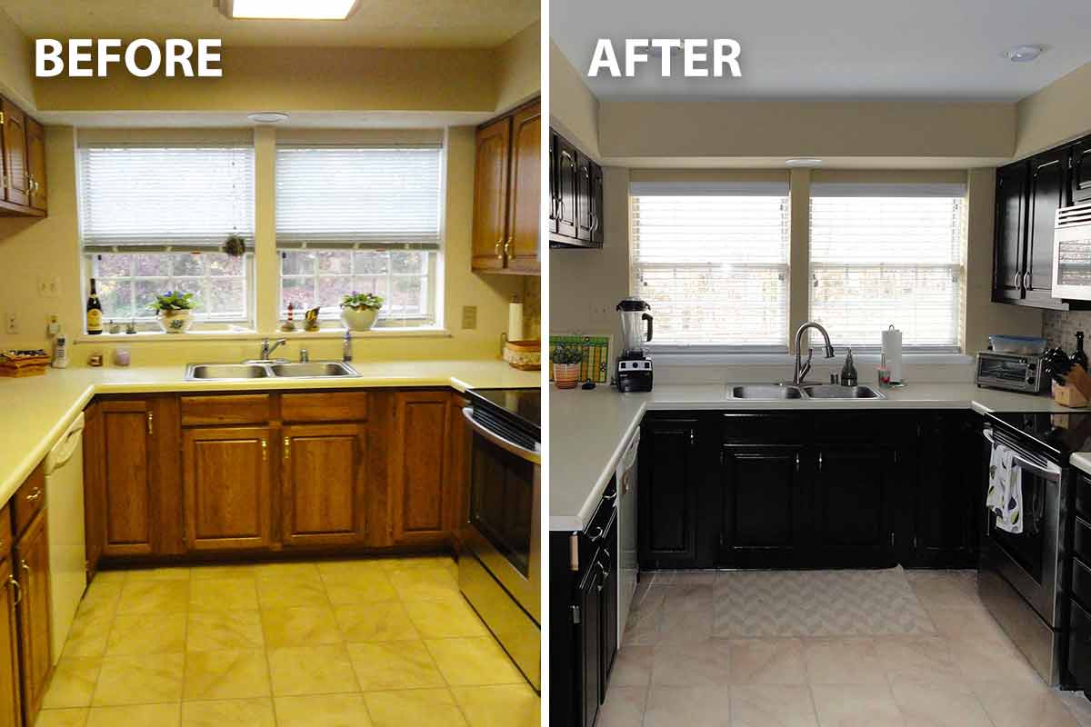 before and after images of a freshly painted kitchen