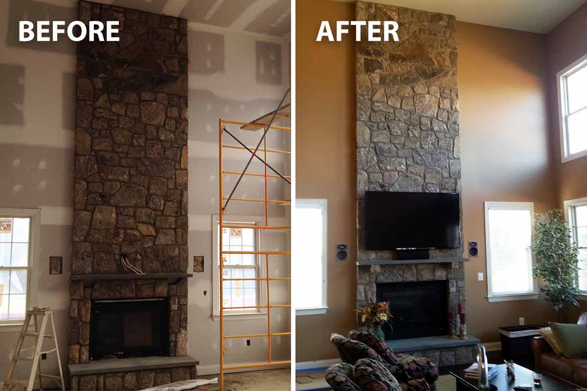 before and after image of a large, vaulted family room being painted