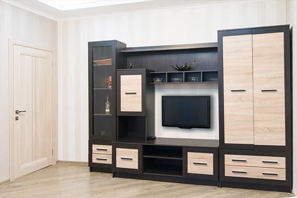 entertainment center with tv, shelves, and closet space