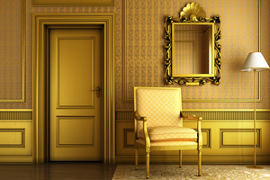 Decorative mirror with golden molding by door