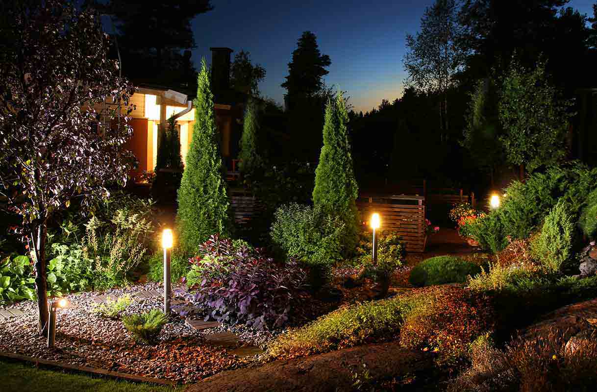 garden at night illuminated by electric torches